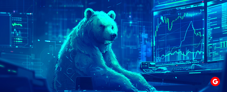 A bear analyzing forex futures strategies on a screen displaying graphs