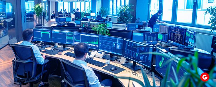 A busy office space with traders working at multiple computer monitors.