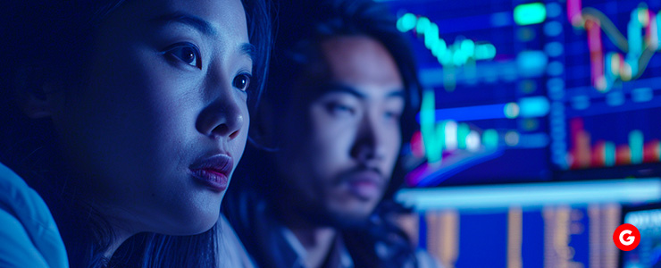 Two people observing stock market graphs on a computer screen, indicating a collaborative analysis of financial data.