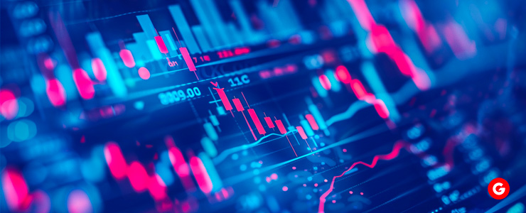 Close-up view of a stock market chart displaying fluctuating prices and trends in financial data.