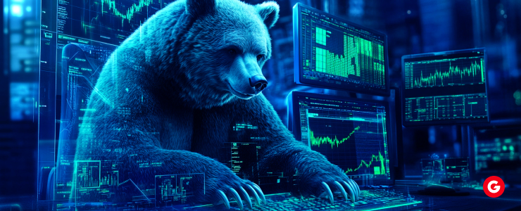 A bear sits on a computer, its screen displaying various graphs and data visualizations.