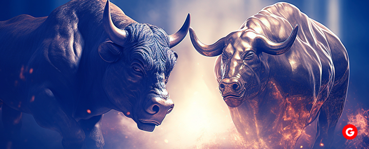 Two bulls clash mid-air, surrounded by flames, showcasing a fierce battle of strength and power.